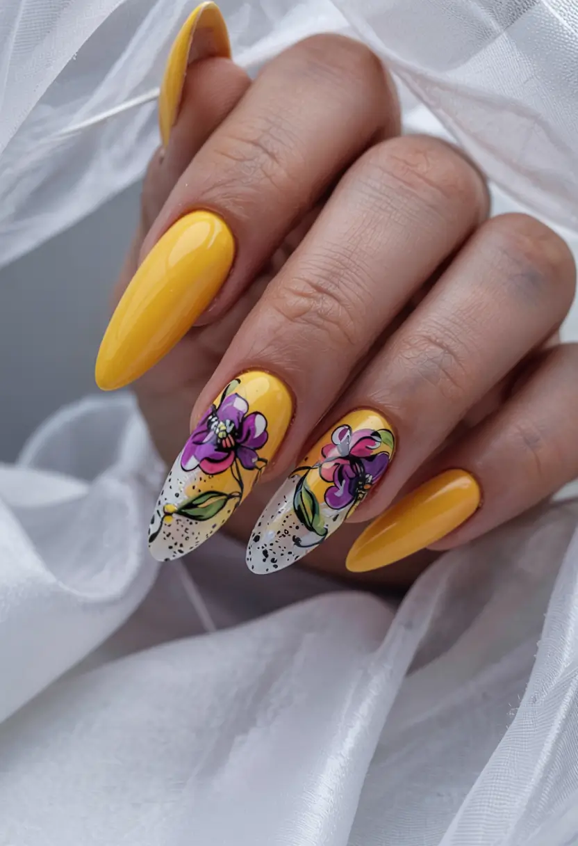 summer acrylic nail ideas 2025 Sunset Blooming Florals