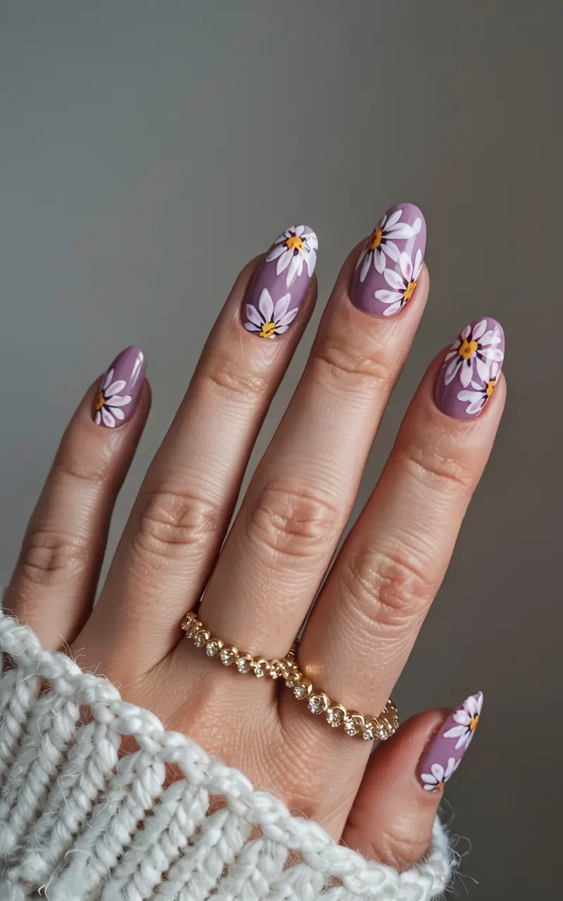 summer acrylic nail ideas 2025 Purple Daisies and Petal Whimsy