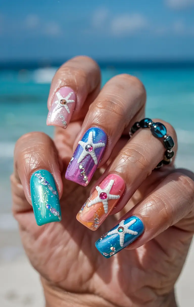 summer acrylic nail ideas 2025 Neon Starfish Dreams