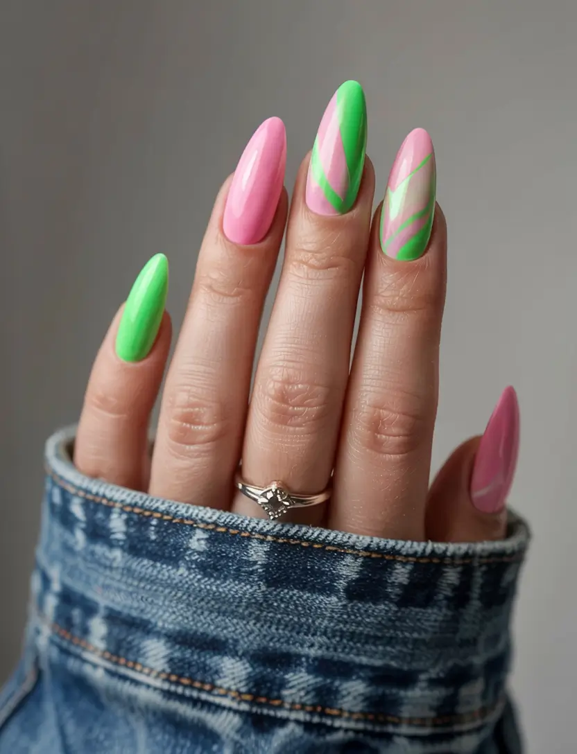summer acrylic nail ideas 2025 Pink & Green Power Duo