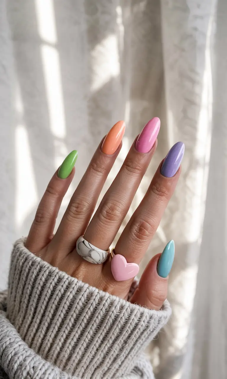summer acrylic nail ideas 2025 Rainbow Pop Pastels