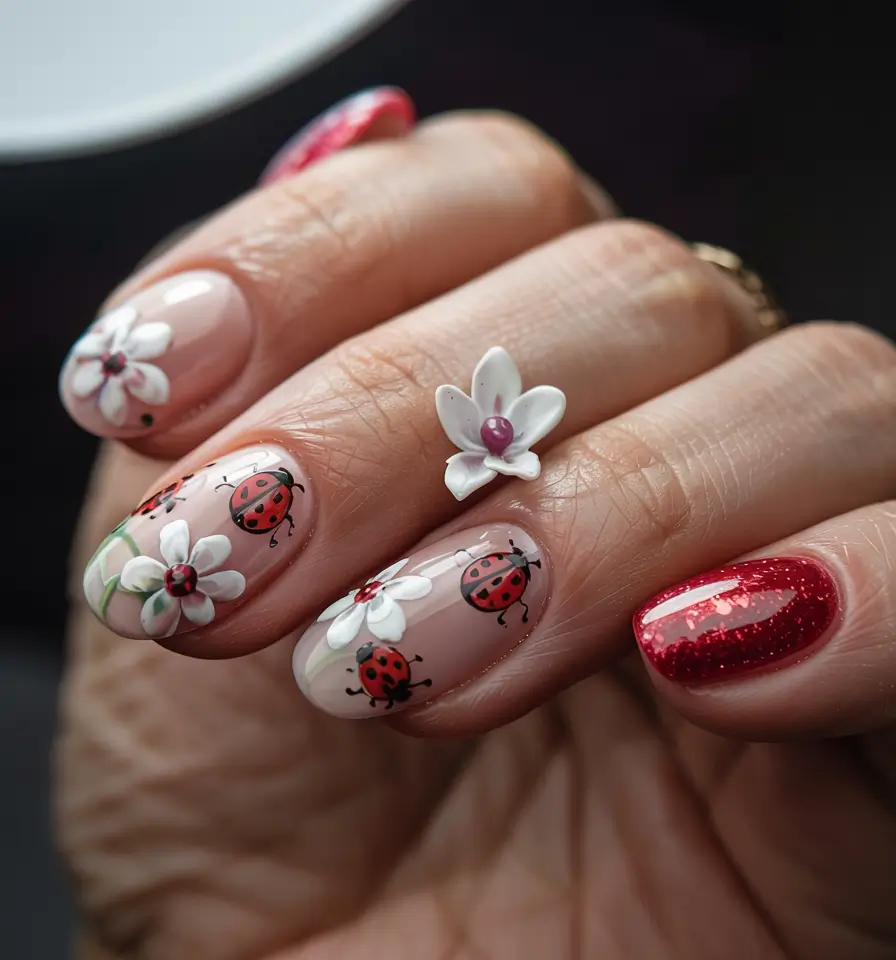 summer acrylic nail ideas 2025 Ladybug Garden Whimsy
