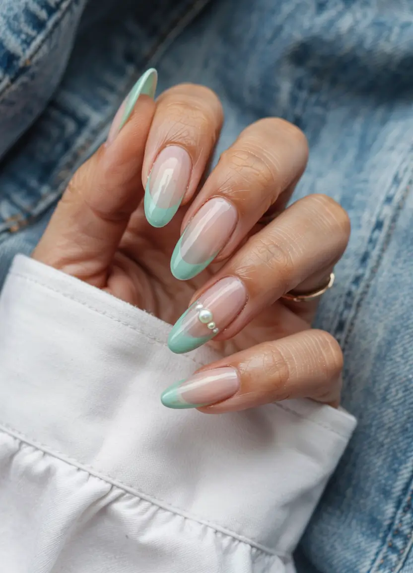 summer acrylic nail ideas 2025 Mint-Tipped Modern French