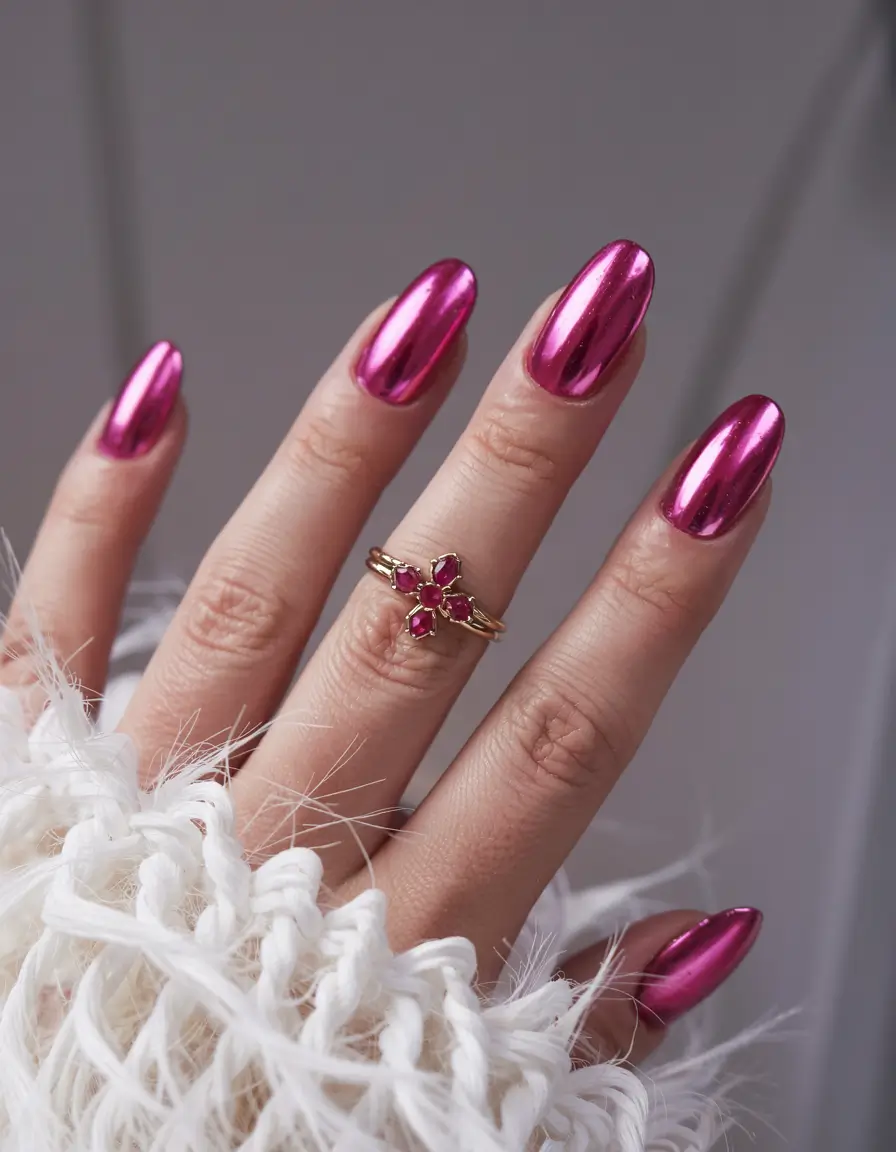 summer almonds nails ideas 2025 Glossy Magenta Mirror for Late-Night Summer Glam