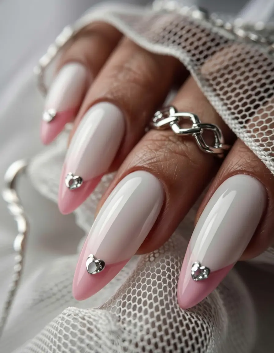 summer almonds nails ideas 2025 Classic French With a Romantic Sparkle