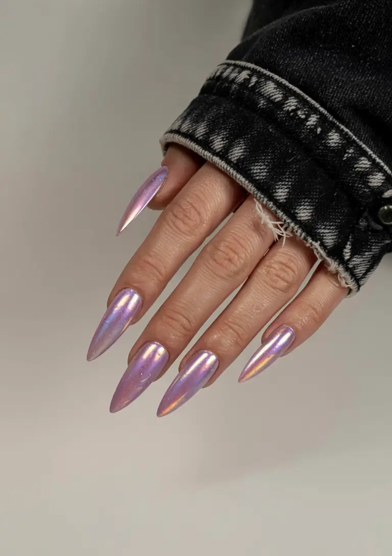 summer almonds nails ideas 2025 Holographic Lilac for the Cosmic Girl