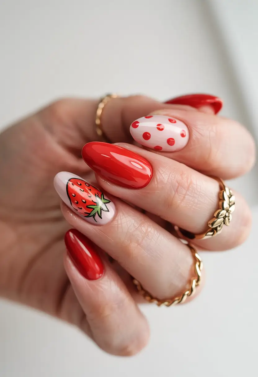 summer almonds nails ideas 2025 Strawberry Pop Art Playfulness