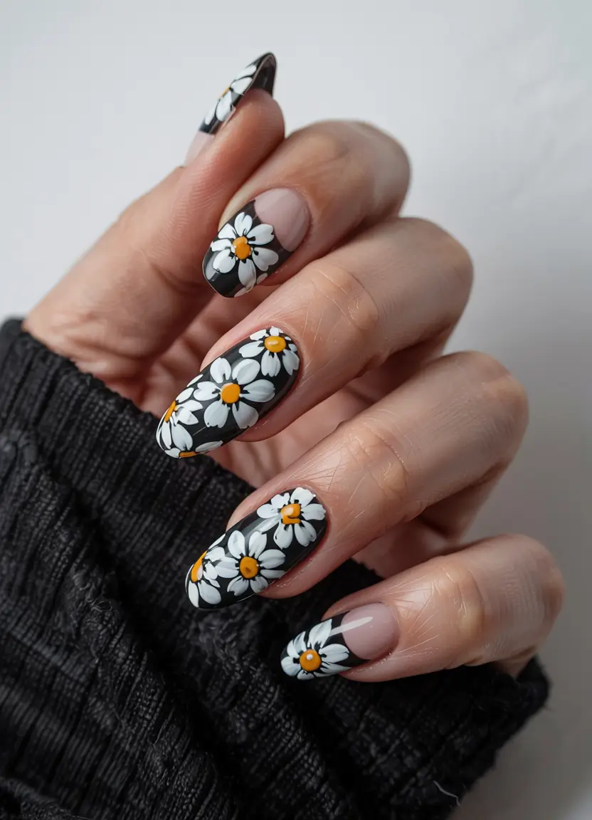 summer almonds nails ideas 2025 Monochrome Daisies in Full Bloom