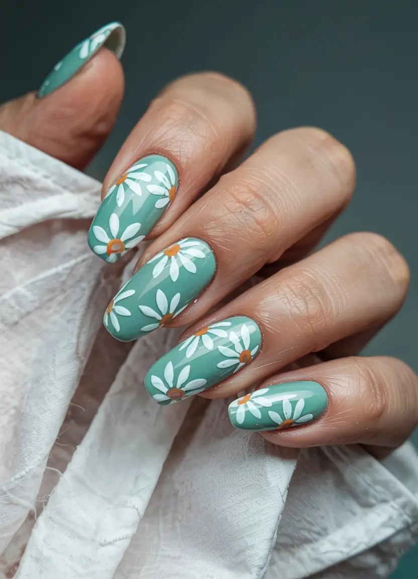 summer almonds nails ideas 2025 Sage Green Daisy Pop