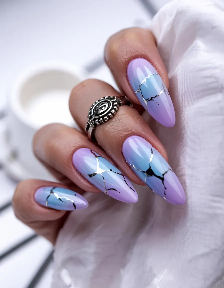 summer almonds nails ideas 2025 Cracked Glass Fade in Sky Tones