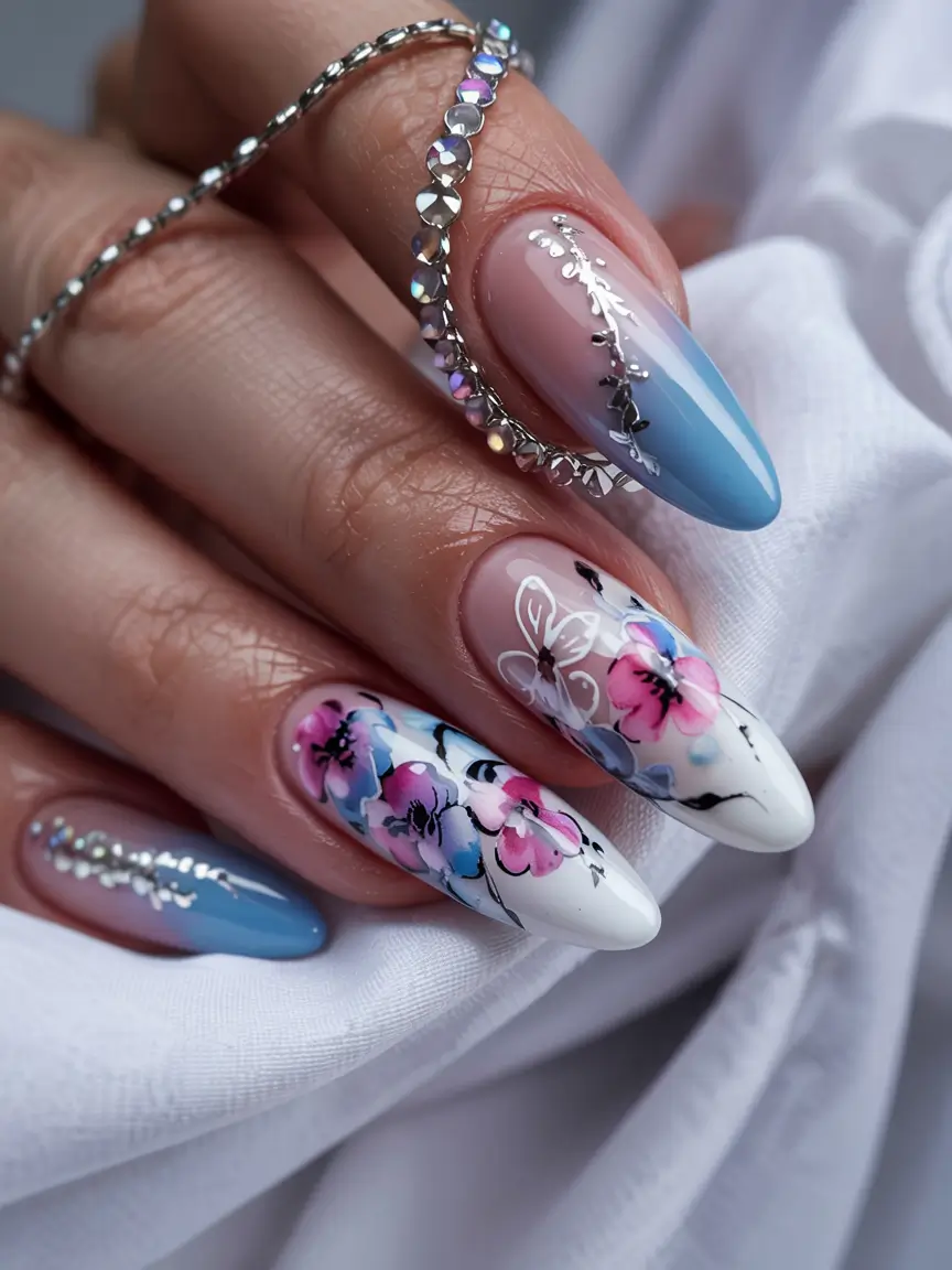 summer almonds nails ideas 2025 Watercolor Blooms and Sky Tips