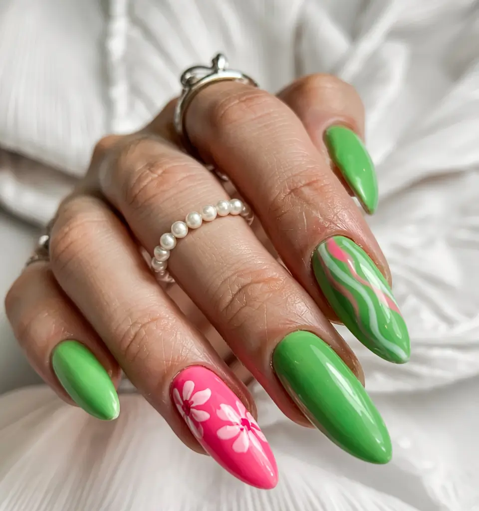 summer almonds nails ideas 2025 Neon Garden Party Meets Y2K Swirl