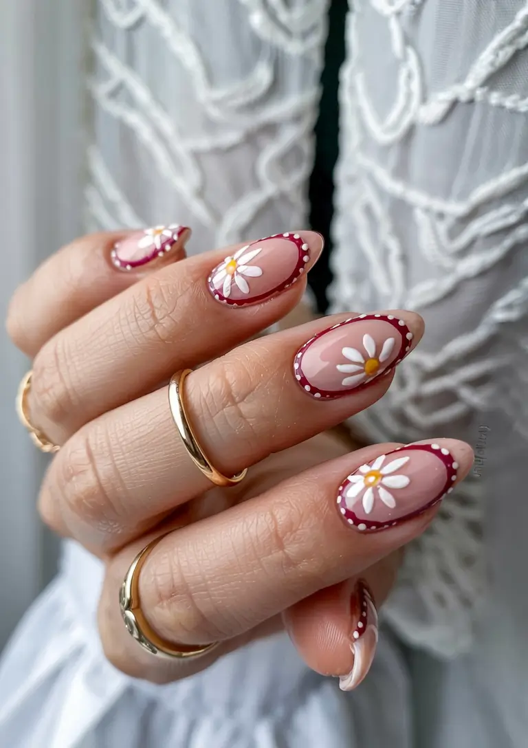 summer almonds nails ideas 2025 Vintage Daisy Frame in Cherry Wine