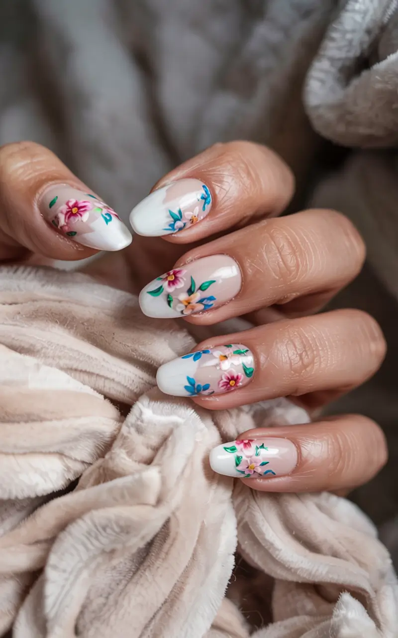 summer almonds nails ideas 2025 Garden Embroidery on White Tips