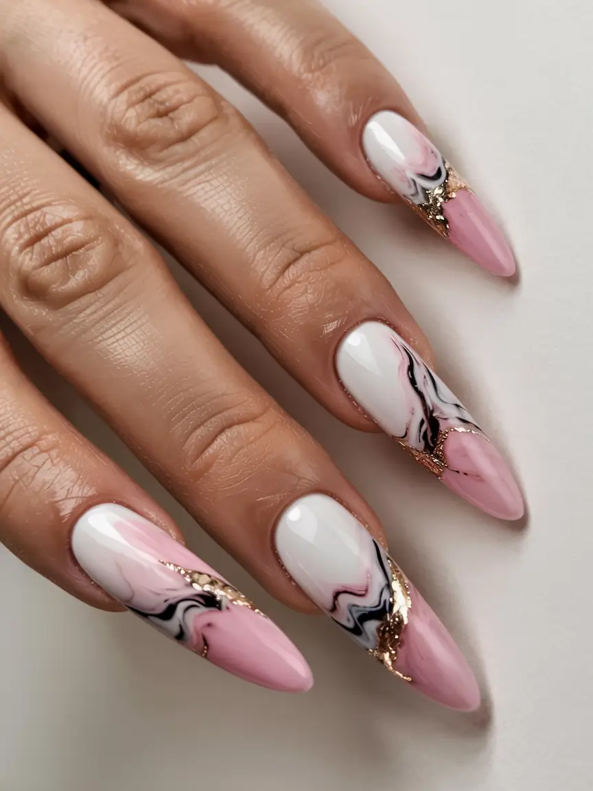 summer almonds nails ideas 2025 Marble Pink With a Gilded Twist