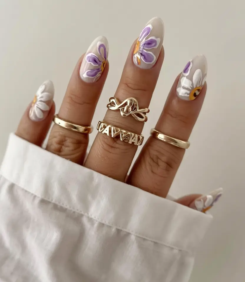 summer almonds nails ideas 2025 Lavender Petals on Glossy Neutrals