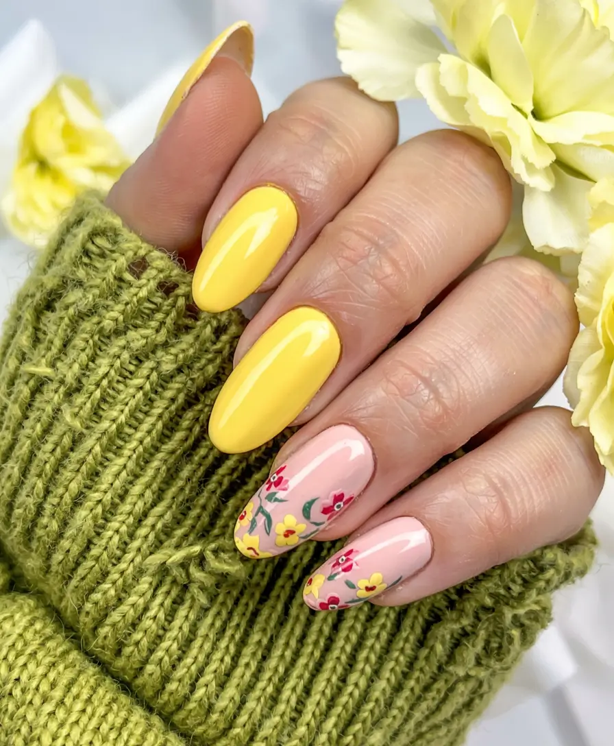 summer almonds nails ideas 2025 Daisy Fields Forever in Yellow and Pink
