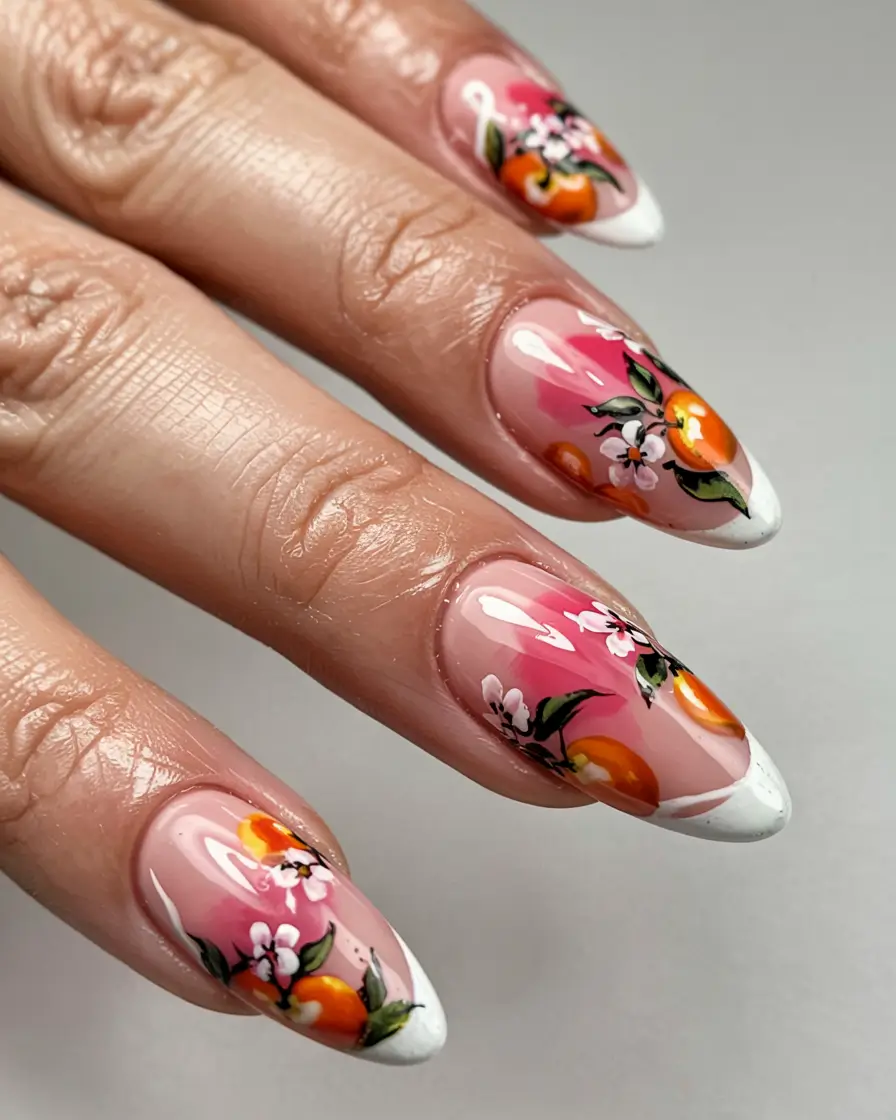 summer almonds nails ideas 2025 Tropical Citrus Vibe With a Twist