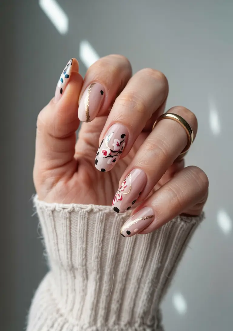 summer almonds nails ideas 2025 Modern Dot Meets Sakura Bloom