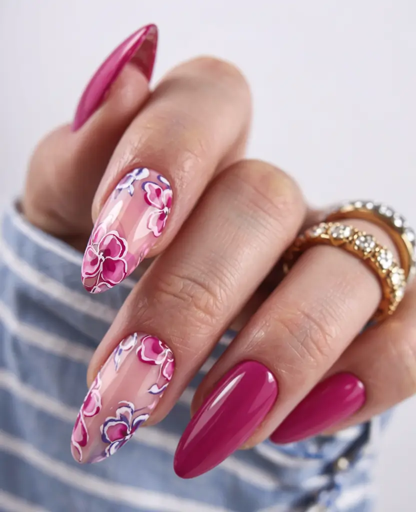 summer almonds nails ideas 2025 Punchy Florals in Deep Pink and Gloss