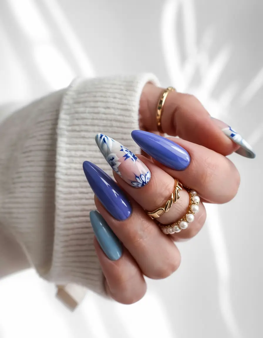 summer almonds nails ideas 2025 Porcelain Blues on Almond Length