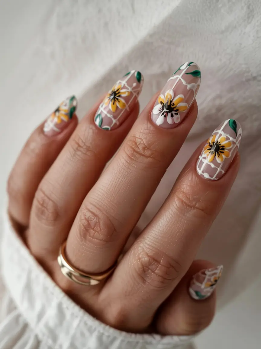 summer almonds nails ideas 2025 Sunburst Blooms on a Neutral Grid