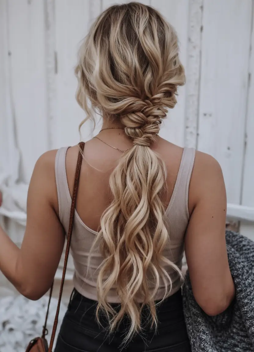 summer braids hairstyle ideas 2025 Textured Fishtail Pony for Wavy Hair