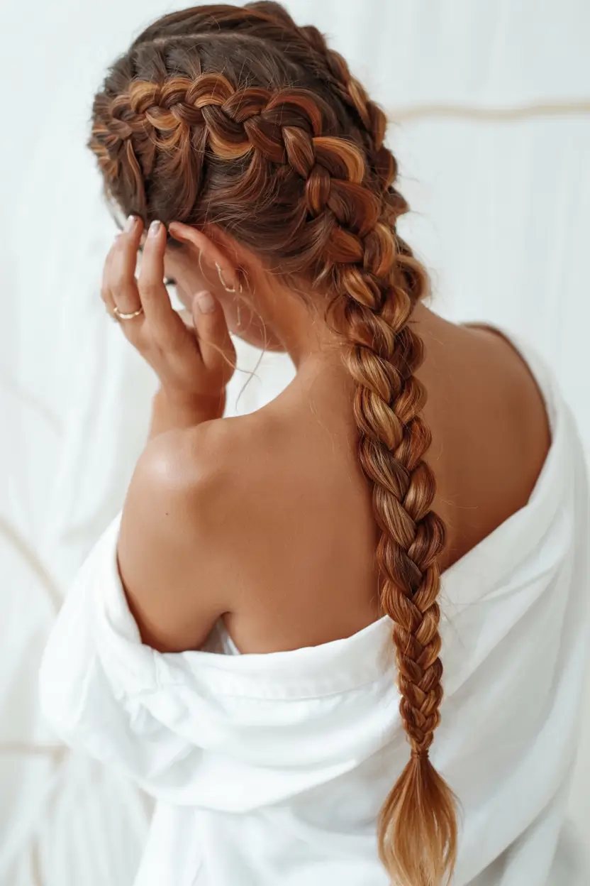 summer braids hairstyle ideas 2025 Boho Braided Crown with Golden Strands