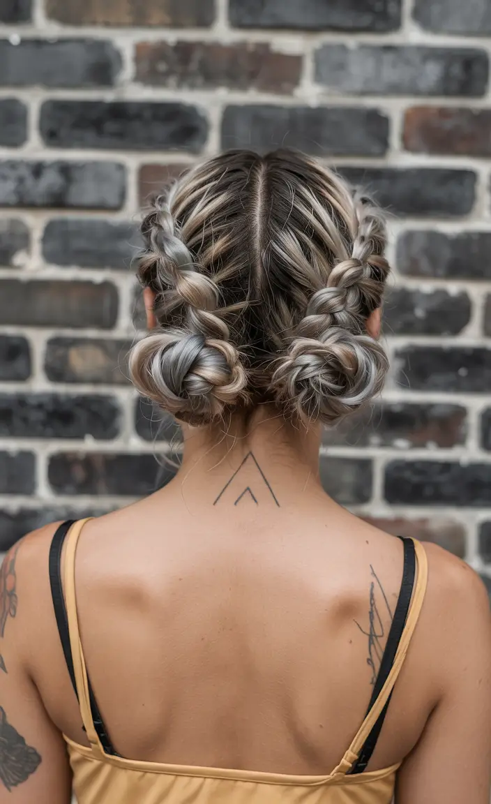 summer braids hairstyle ideas 2025 Double Braided Space Buns with a Twist