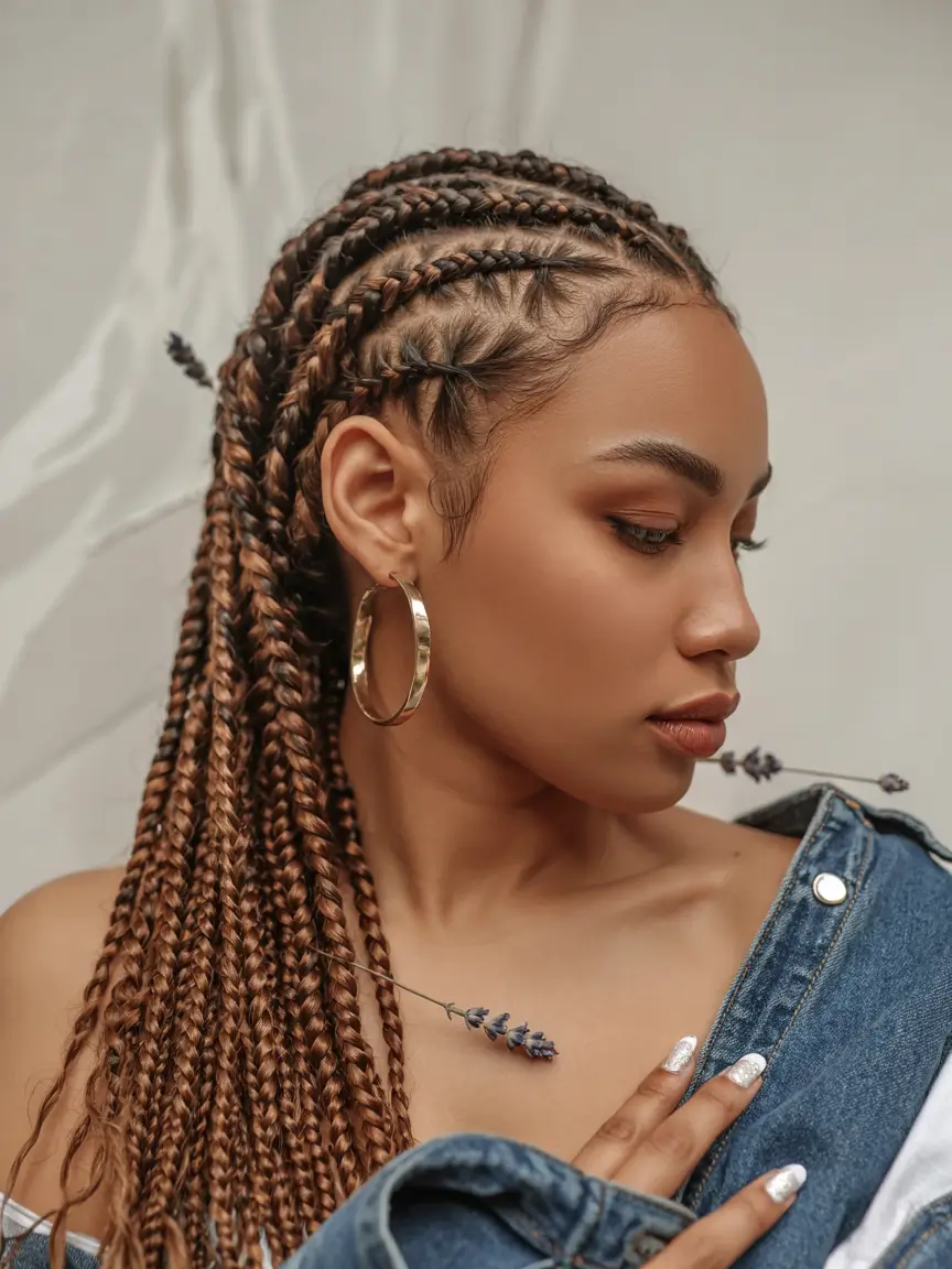 summer braids hairstyle ideas 2025 Copper Braided Rows with Golden Accents