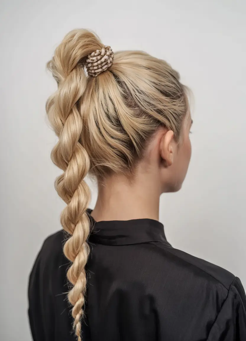 summer braids hairstyle ideas 2025 The Sleek Braided Pony with Statement Scrunchie