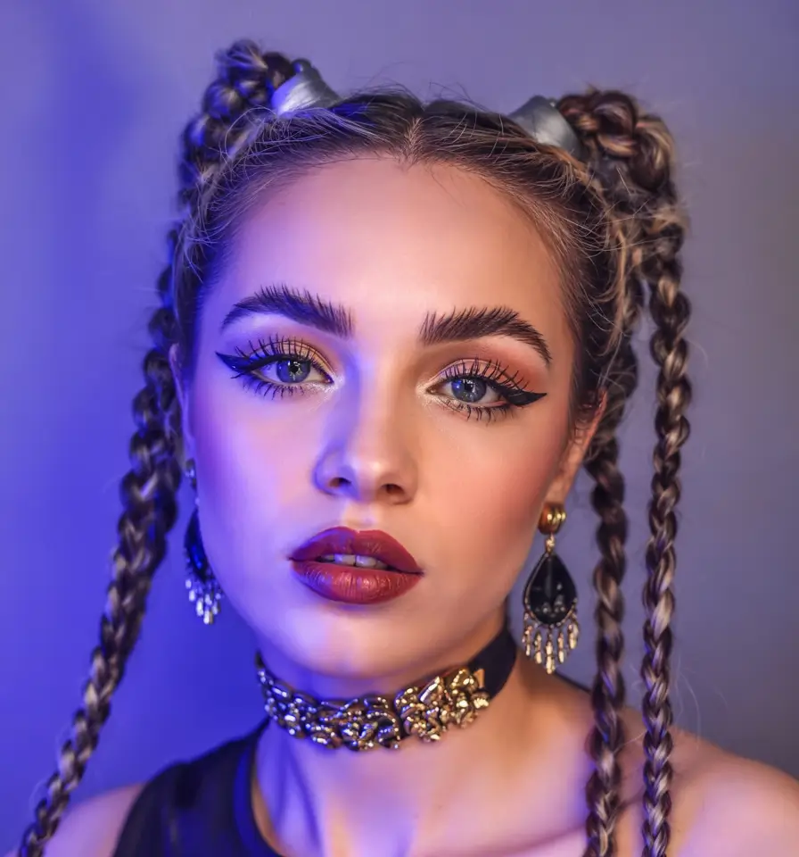 summer braids hairstyle ideas 2025 Cyber Space Buns with Braided Drama