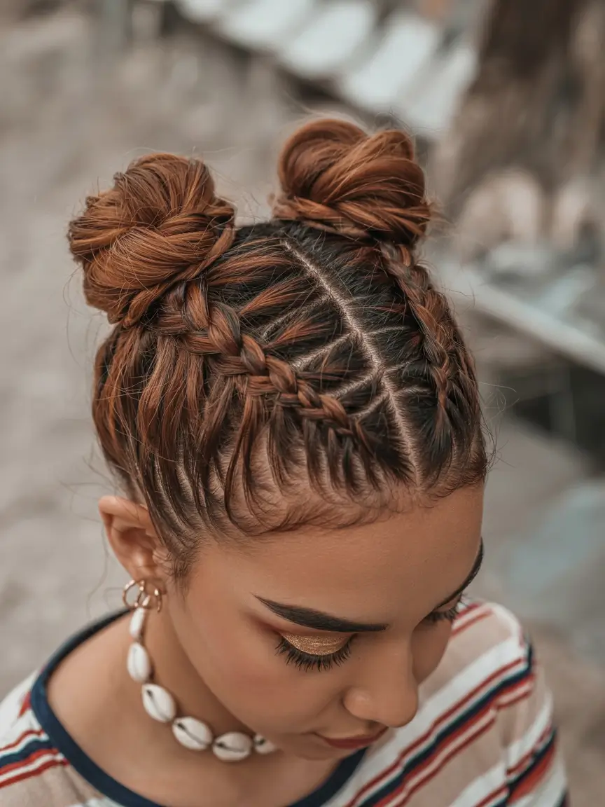 summer braids hairstyle ideas 2025 Double Dutch Buns with Clean Parts