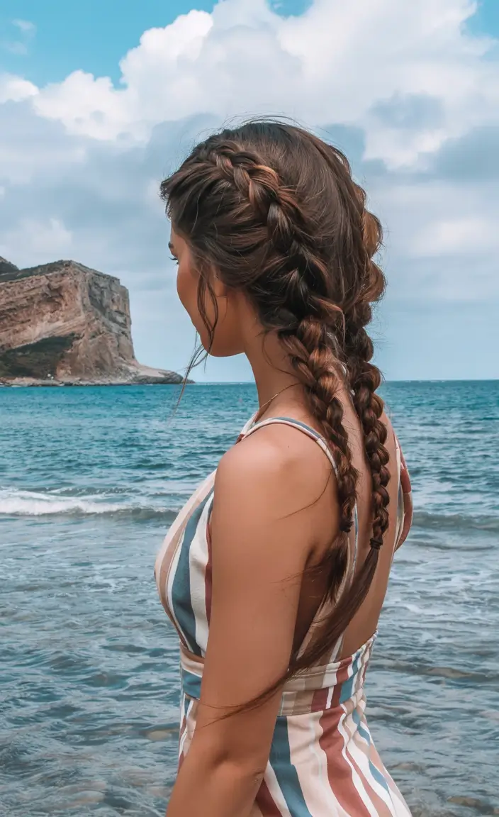 summer braids hairstyle ideas 2025 Side-Swept French Braids with Loose Texture