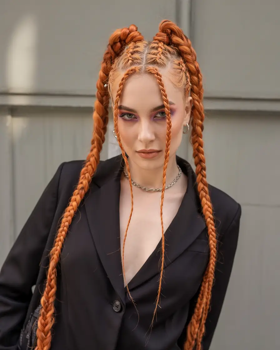 summer braids hairstyle ideas 2025 Fiery Braided High Pigtails with Face-Framing Strands