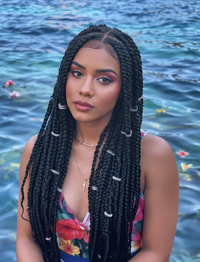 summer hairstyle black women 2025 Boho Luxe Braids with Metallic Accents