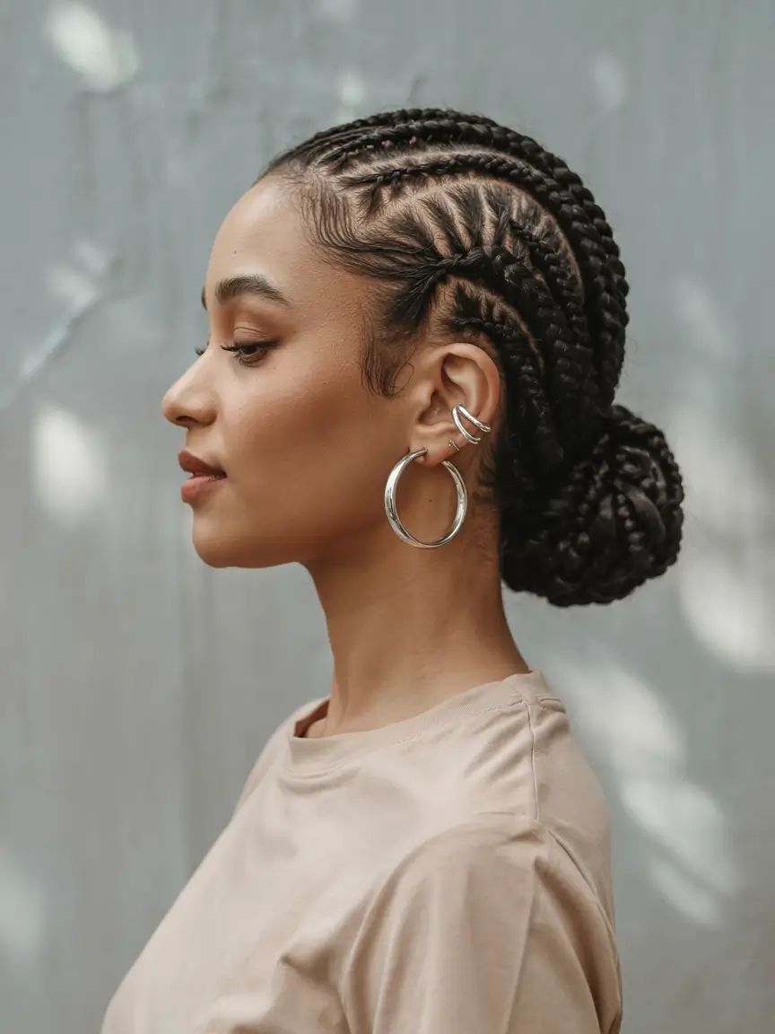 summer hairstyle black women 2025 Braided Low Bun with Side Cornrow Design