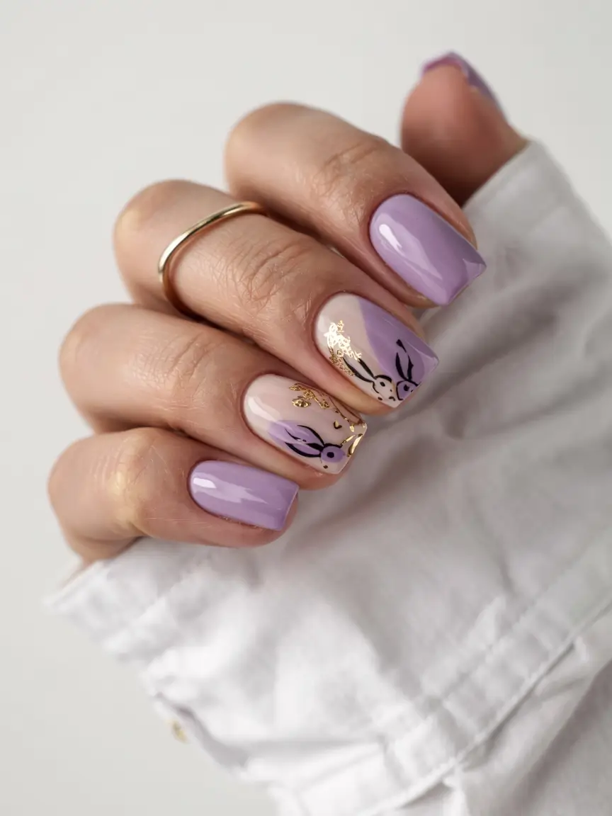 summer short nail ideas 2025 Lavender Whispers With Gold Echoes