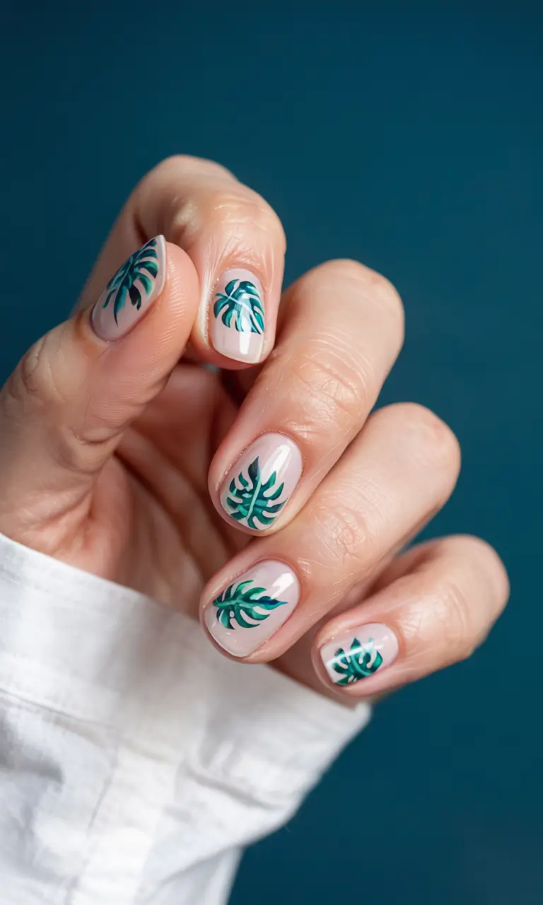 summer short nail ideas 2025 Monstera Chic on Sheer Nude