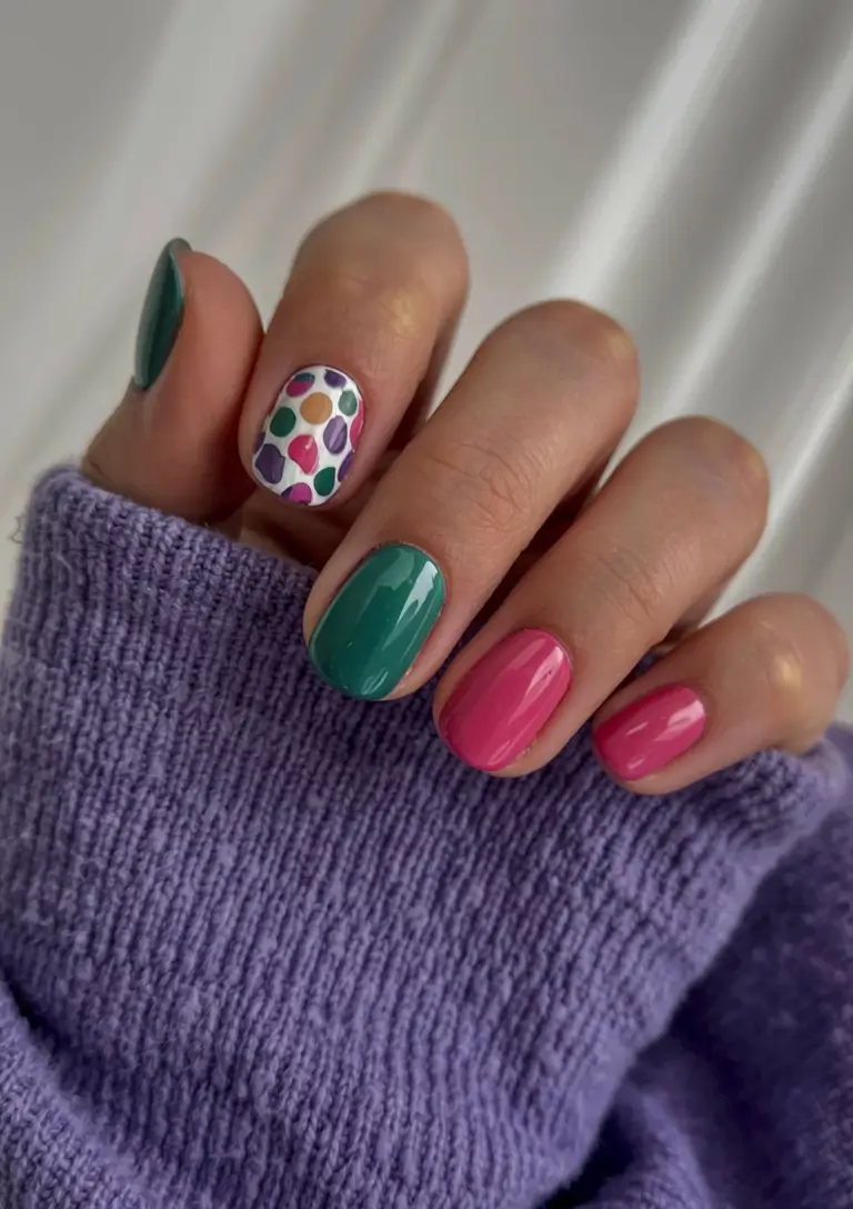 summer short nail ideas 2025 Color Pop and Polka Dots