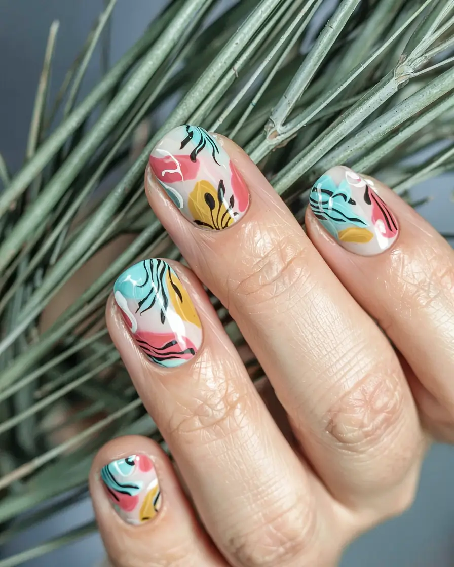summer short nail ideas 2025 Painted Jungle: Abstract Meets Nature