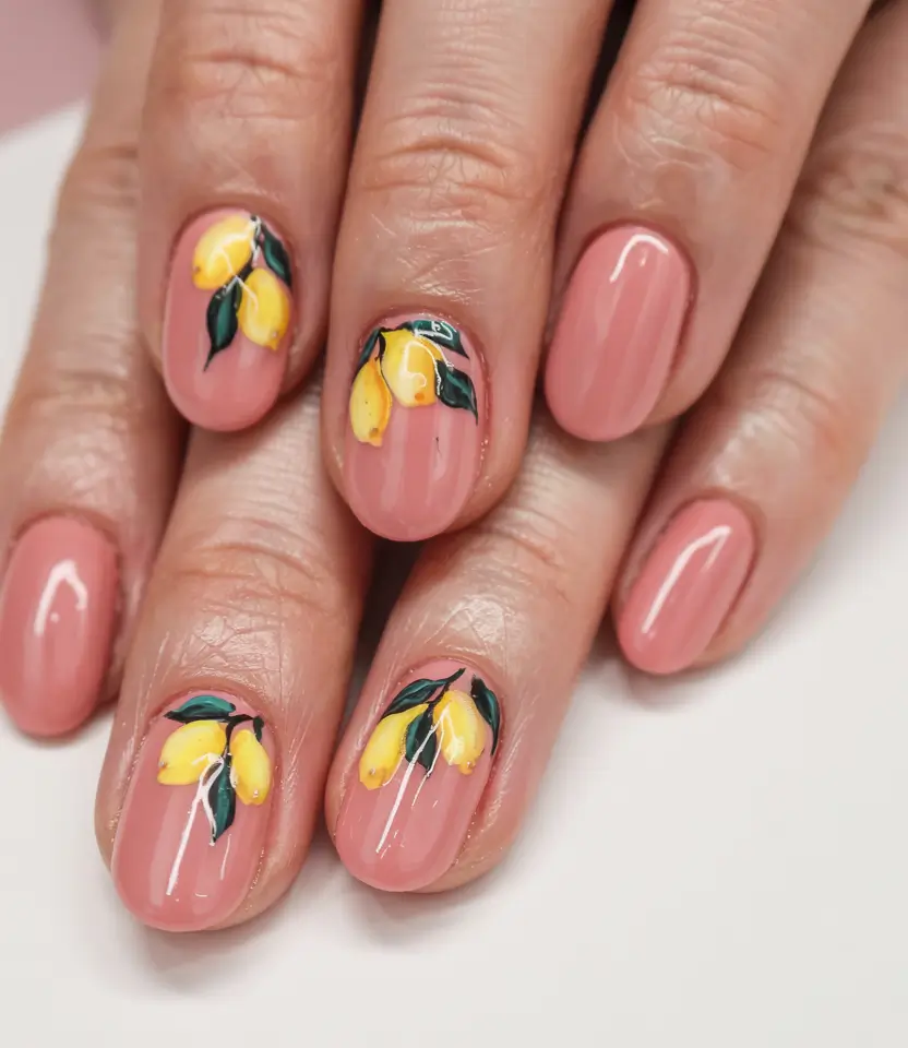 summer short nail ideas 2025 Sunny Lemons on a Rosy Base