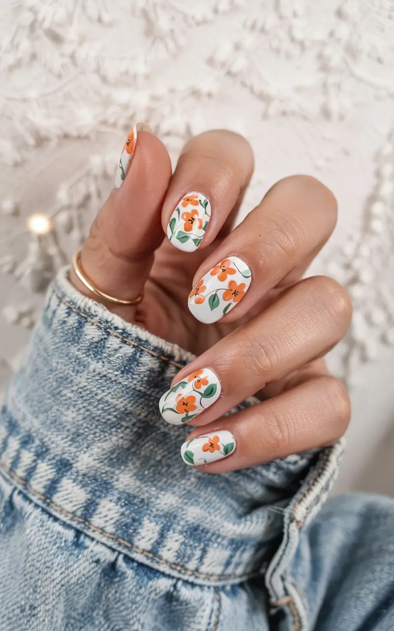 summer short nail ideas 2025 Floral Pop on Crisp White