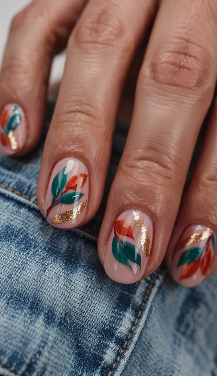 summer short nail ideas 2025 Botanical Chic With Gold Glints