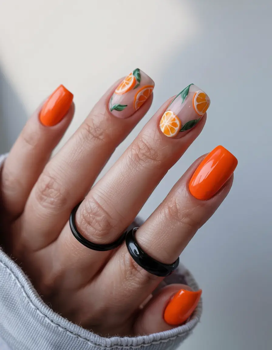 summer short nail ideas 2025 Citrus Slices & Neon Nights