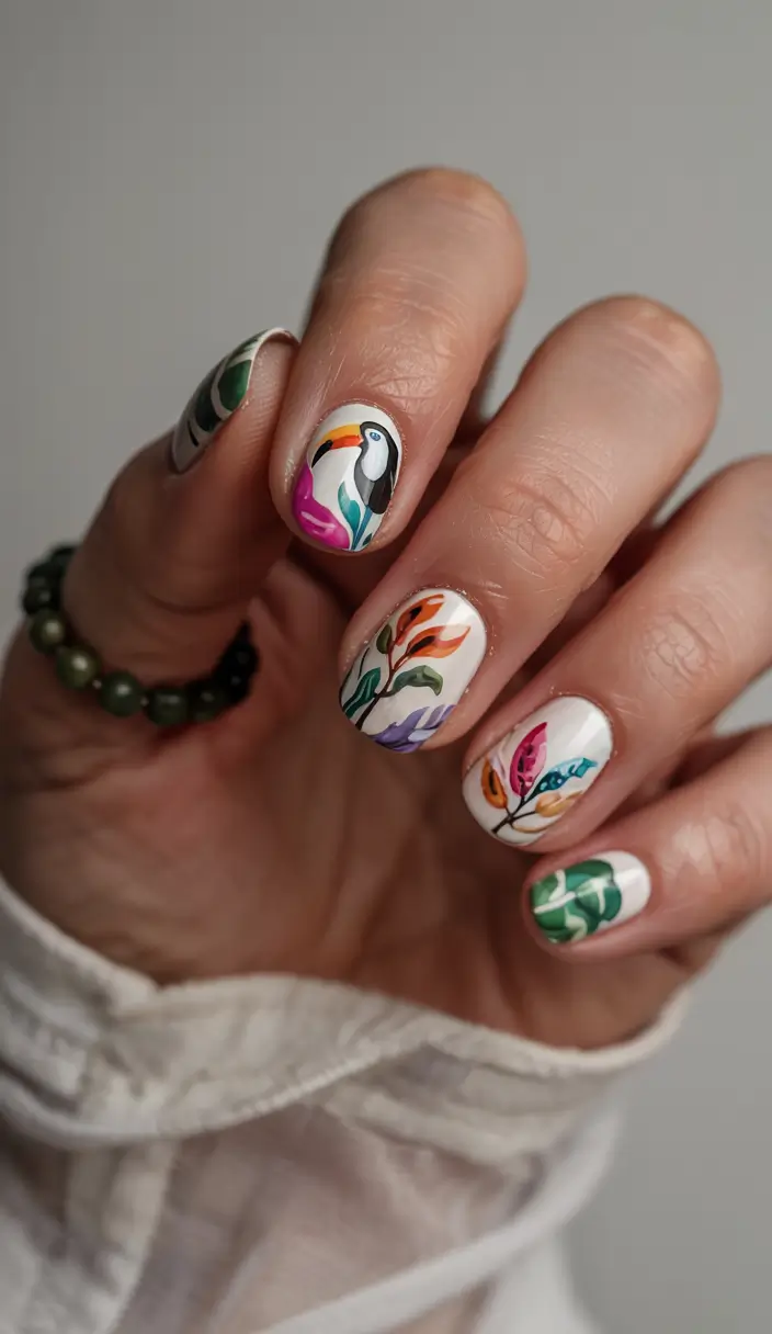 summer short nail ideas 2025 Jungle Garden With a Toucan Twist