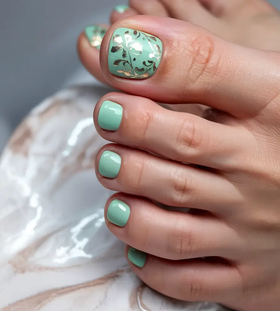 summer toe nail colors ideas 2025+Minted Calm with a Golden Whisper
