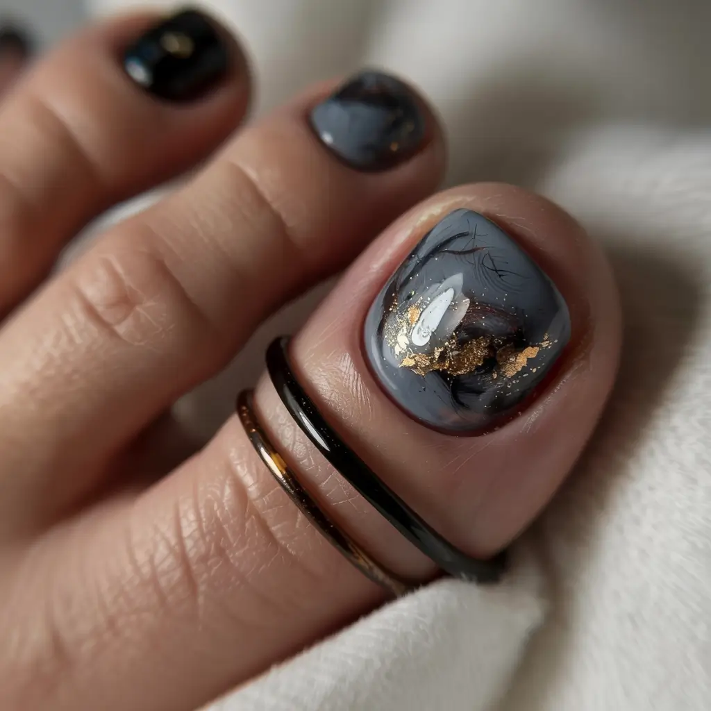 summer toe nail colors ideas 2025+Stormy Slate with Golden Sparks