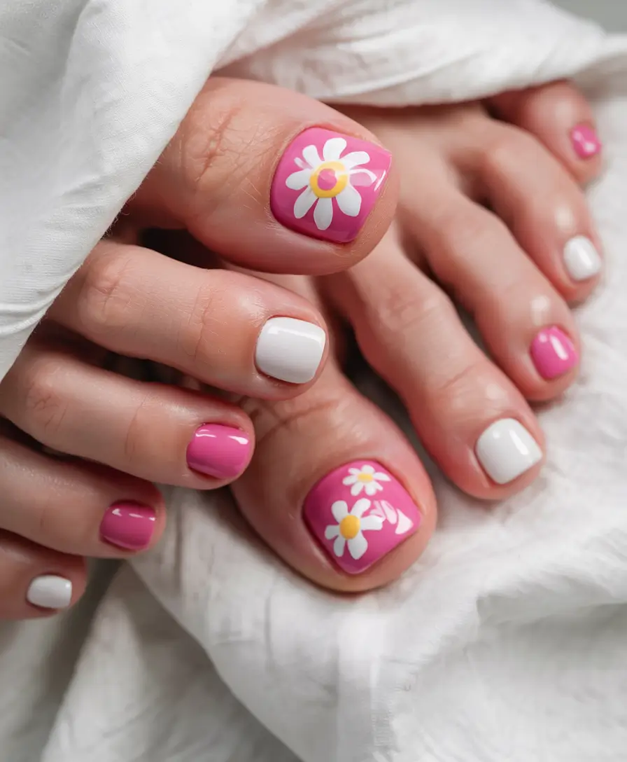 summer toe nail colors ideas 2025+Bubblegum Blooms and White Pop