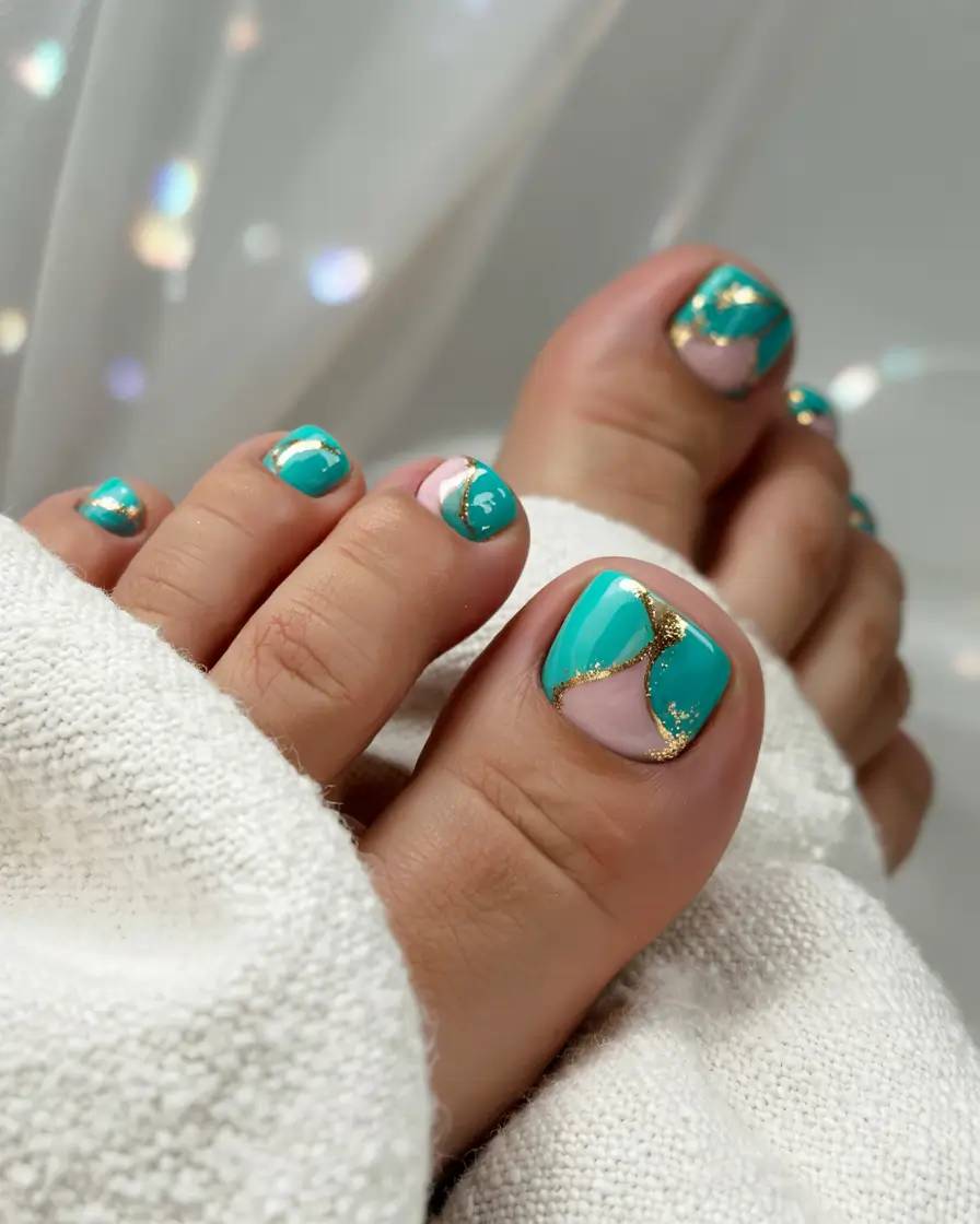 summer toe nail colors ideas 2025 Chic Geometric Elegance with Gold Detail